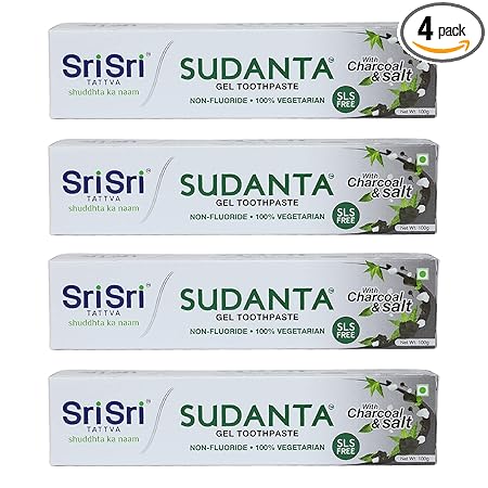 Sri Sri Tattva Sudanta Herbal Gel Toothpaste - All Natural, SLS Free, Fluoride Free Tooth Paste with Charcoal, Salt & More - 100g (Pack of 4), for Kids and Adults