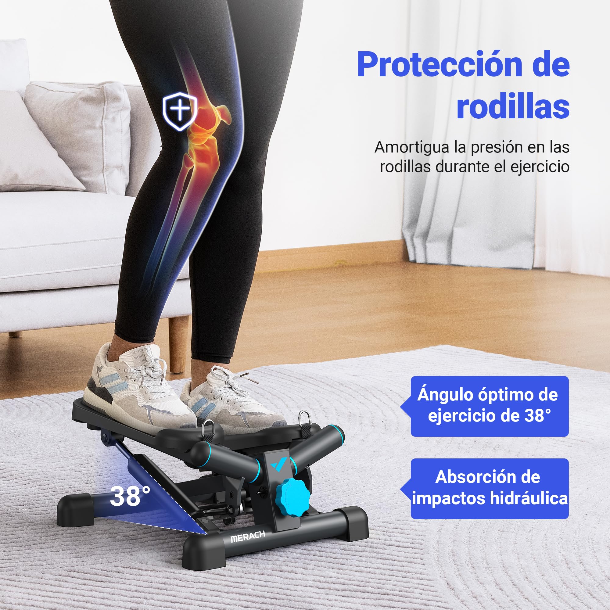 MERACH Stepper 2 en 1 para el Hogar, Silencioso, Mini Stepper de 150 kg, con Monitor LCD, Escalón de Balanceo hacia Abajo con Power Ropes para Entrenamiento de Pierna/Brazo/Glúteos, Home Office