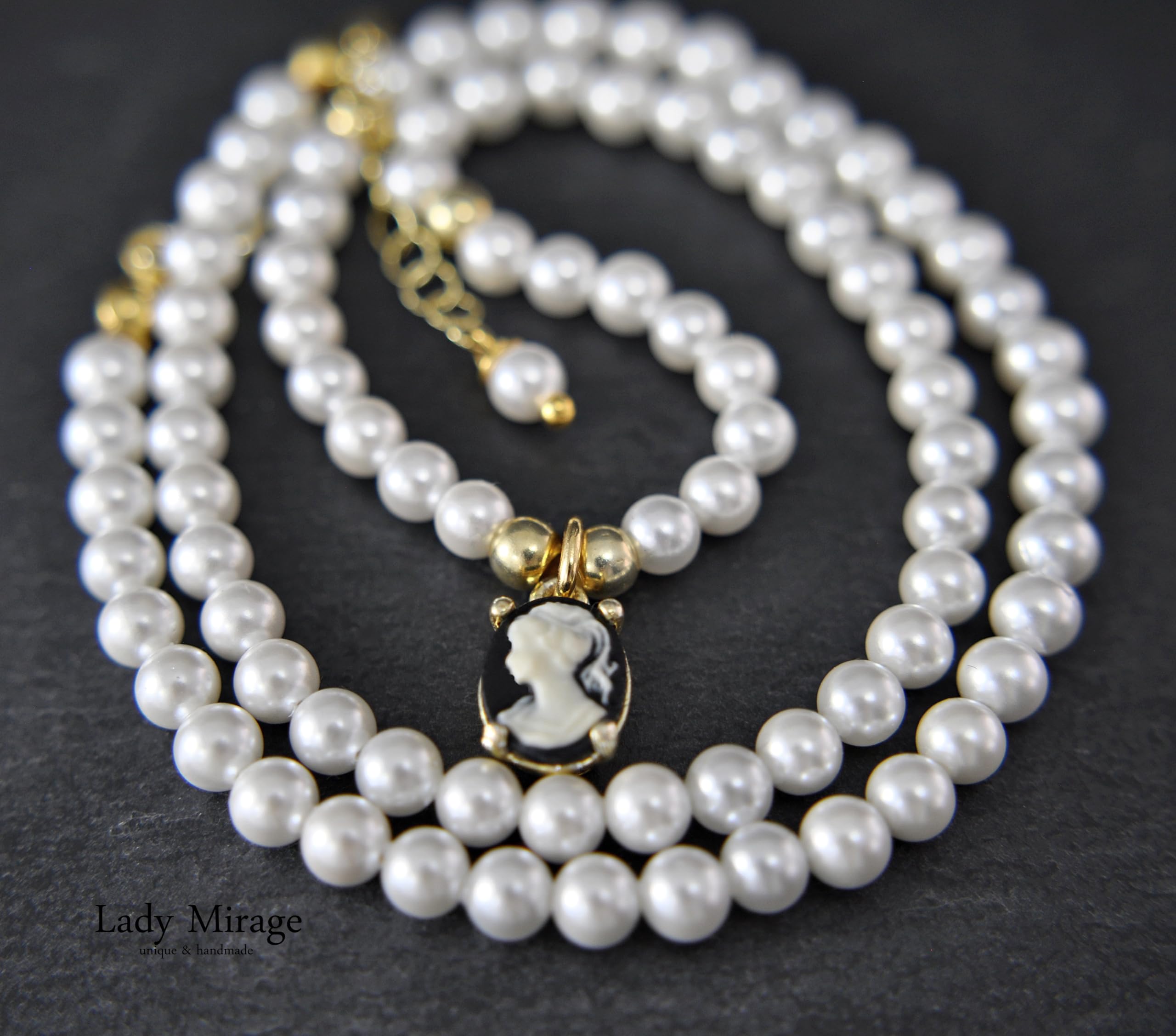 LADY MIRAGE - Perlen Schmuckset Damen - Vintage Halskette Damen - Perlmutt Armband - Gemme - Kamee - 925 Sterling Silber Vergoldet - Handgefertigte Geschenk - Schmuck - Weihnachtsgeschenk