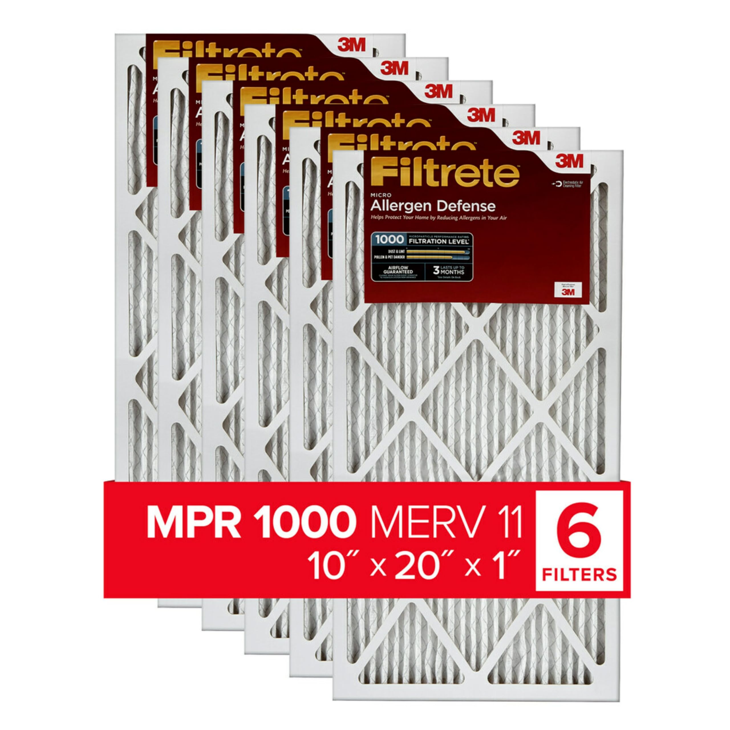 Filtrete 10x20x1 AC Furnace Air Filter, MERV 11, MPR 1000, Micro Allergen Defense, 3-Month Pleated 1-Inch Electrostatic Air Cleaning Filter, 6 Pack (Actual Size 9.81x19.81x0.81 in)