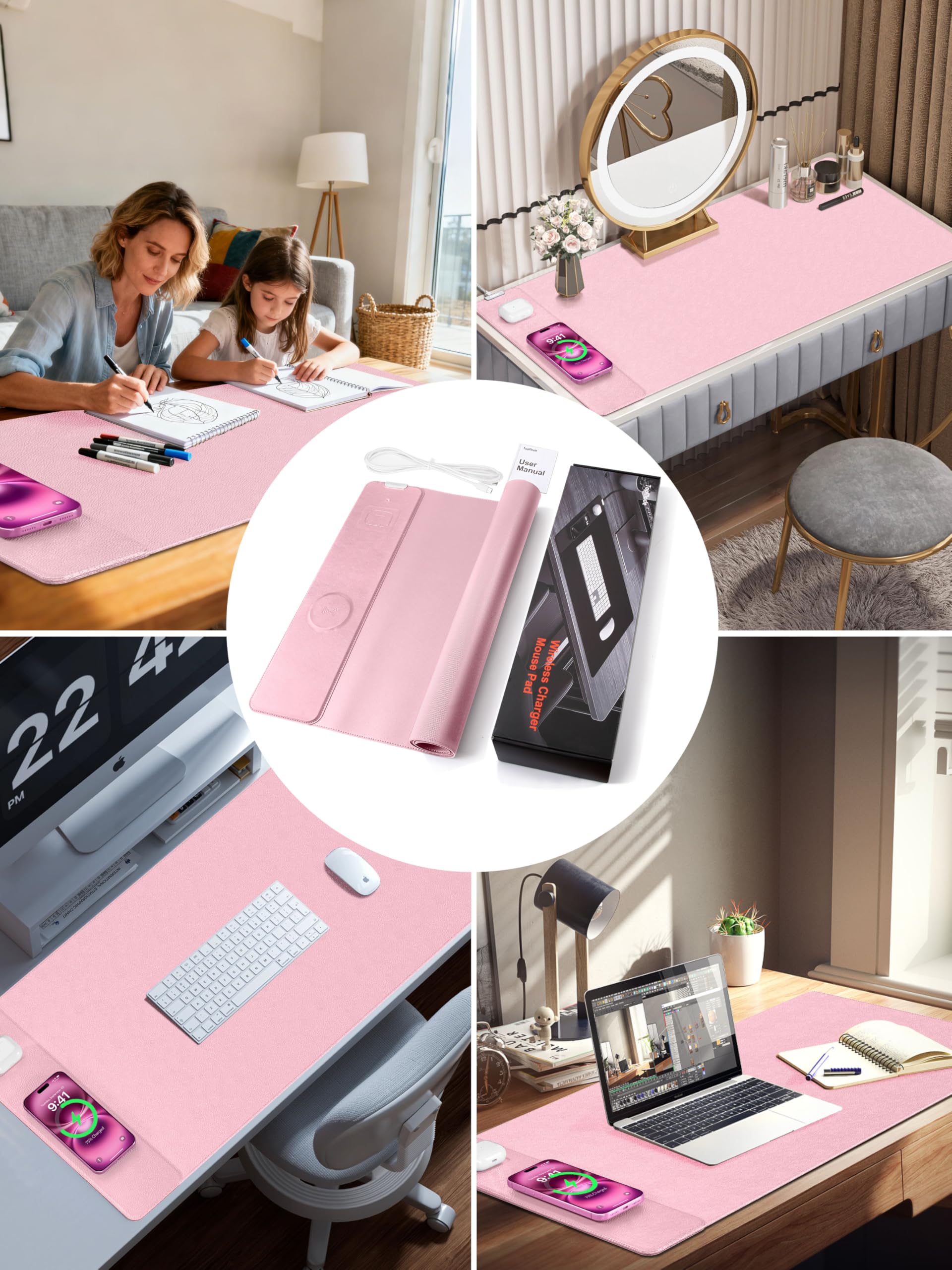 TopMade Alfombrilla de mouse con carga inalámbrica de 15 W, alfombrilla de escritorio de cuero grande XXL, impermeable, para juegos, hogar, oficina, escritorio, protector de teclado de computadora