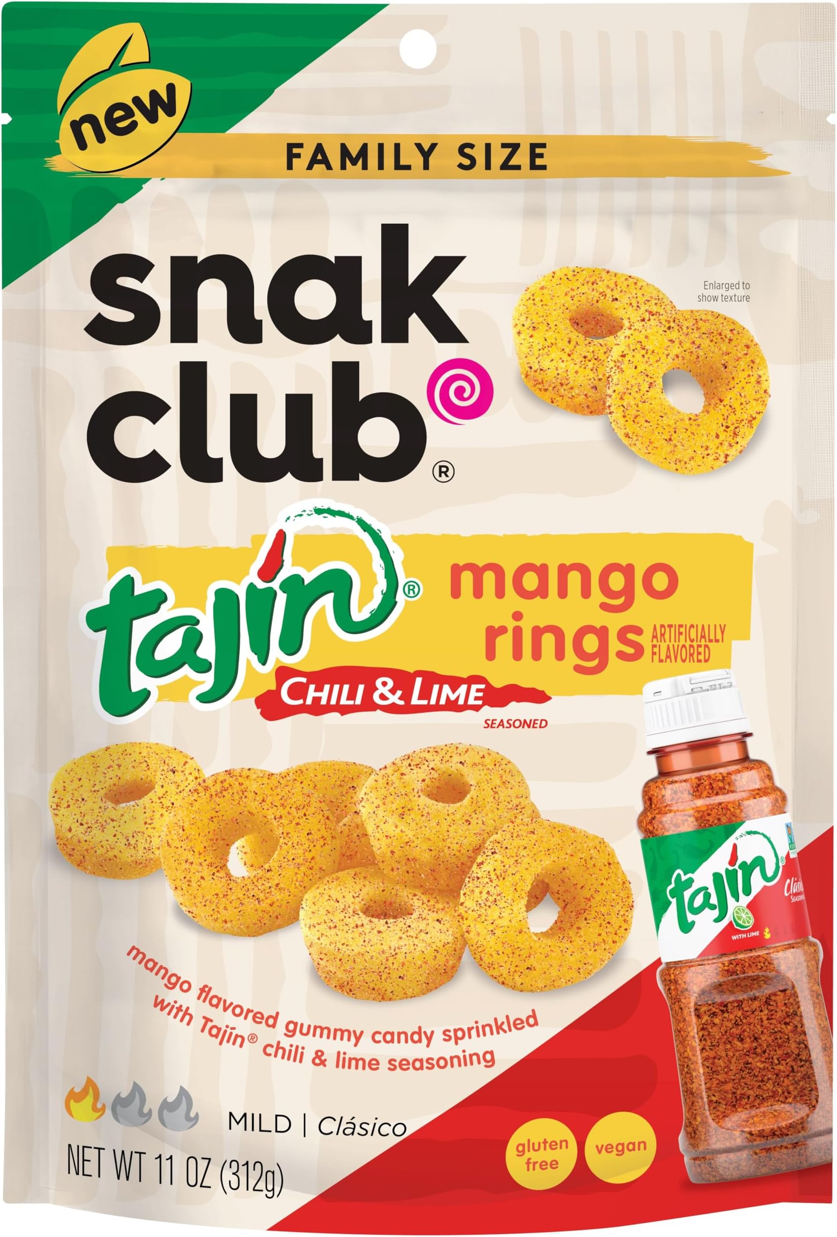 Snak Club Tajin Mango Rings, Chili & Lime Sweet Spicy Gummy Snacks, Mild in Heat Bold in Flavor, Gluten-Free Snack, 11oz Resealable Bag (Pack of 6)