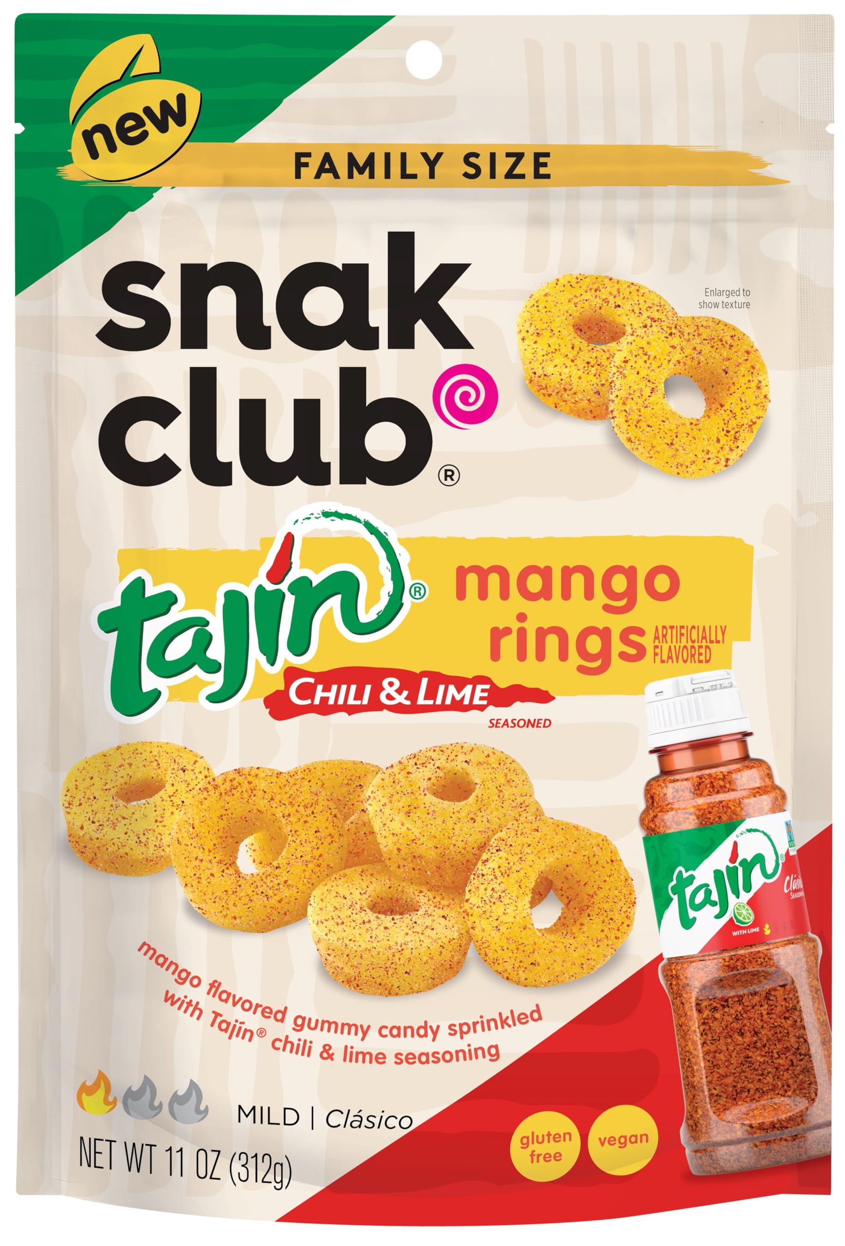 Snak Club Tajin Mango Rings, Chili & Lime Sweet Spicy Gummy Snacks, Mild in Heat Bold in Flavor, Gluten-Free Snack, 11oz Resealable Bag (Pack of 6)
