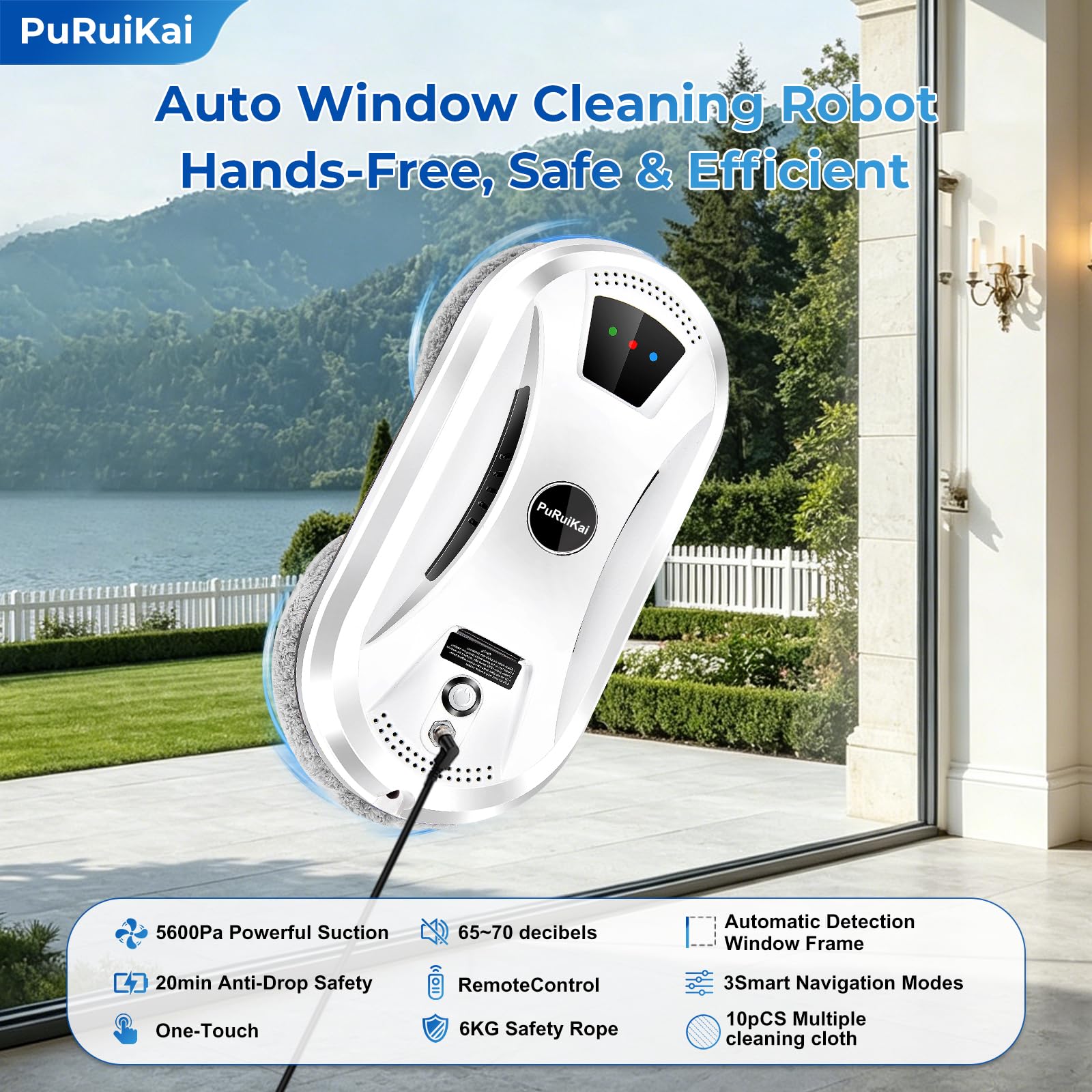 PRK-N361 - Robot de lavado de cristal con mando a distancia, 10 paños de limpieza, cuerda de seguridad y botella rociadora | Con control remoto, 10 paños de limpieza, cuerda de seguridad, botella de spray