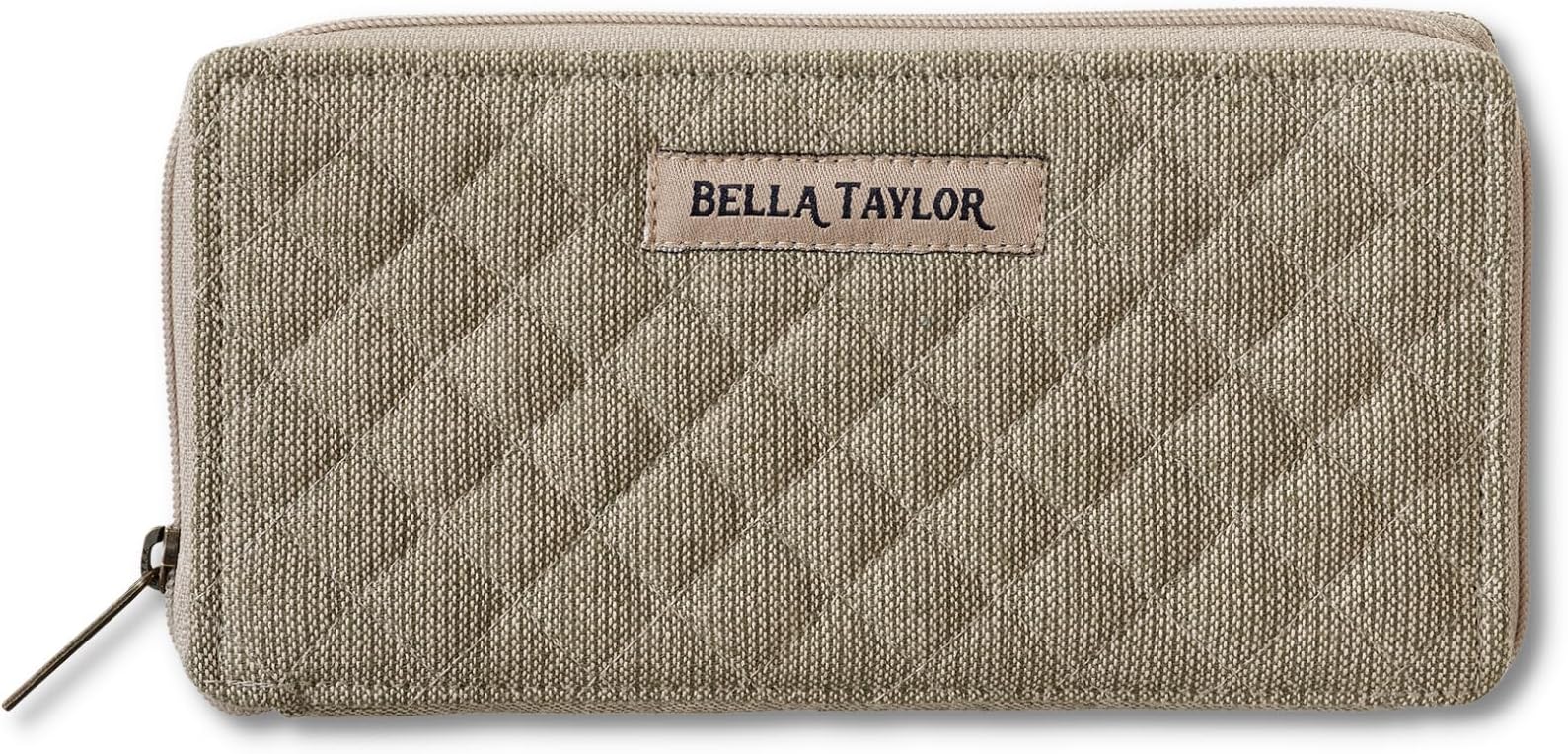 Bella Taylor Slim Card Wallet for Women | Multi Card Zip Around Wallet with RFID Protection | Quilted Cotton Khaki Chambray