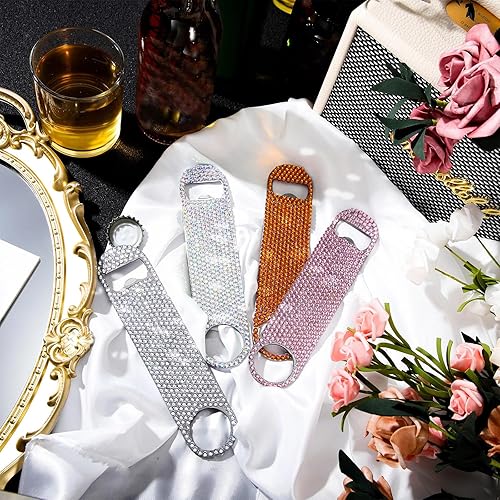 Miniatura 3 de Didaey Abrebotellas plano con purpurina, 4 unidades, acero inoxidable, barra de cerveza, barman clave, amigos, abridor de cerveza con diamantes de