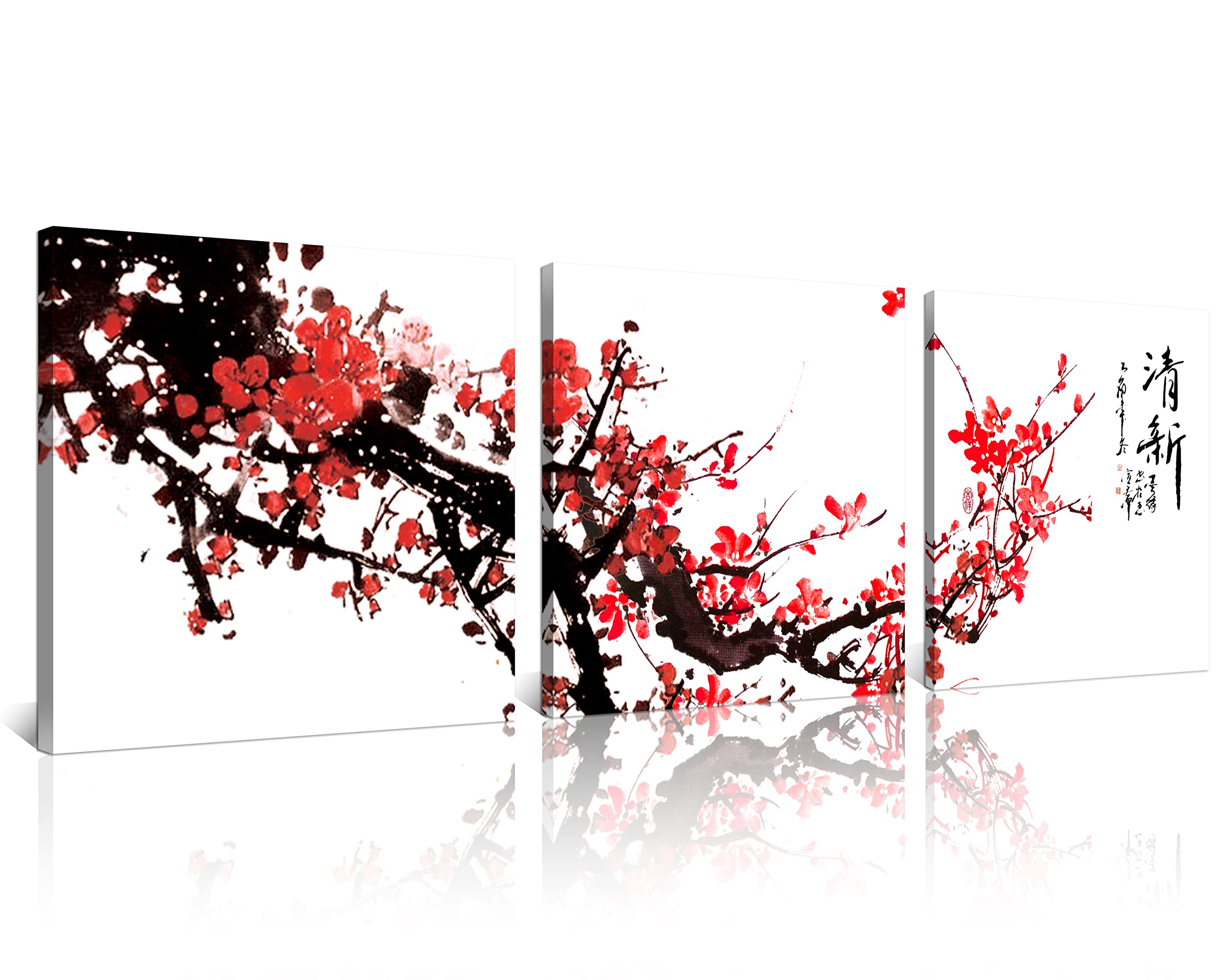 NAN Wind Small Size Traditional Chinese Painting of Red Plum Blossom Canvas Prints 3 Pcs Calligraphy Art Paintings Wall Art Poem Print Painting Framed ...