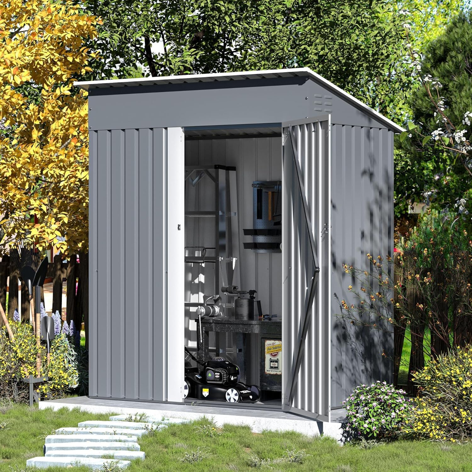 5x3 FT Storage Building Shed for Outdoor, Tool and Utility Metal Shed for Backyard Garden Patio Lawn Storage for Bike Lawn Mower with Lockable Door