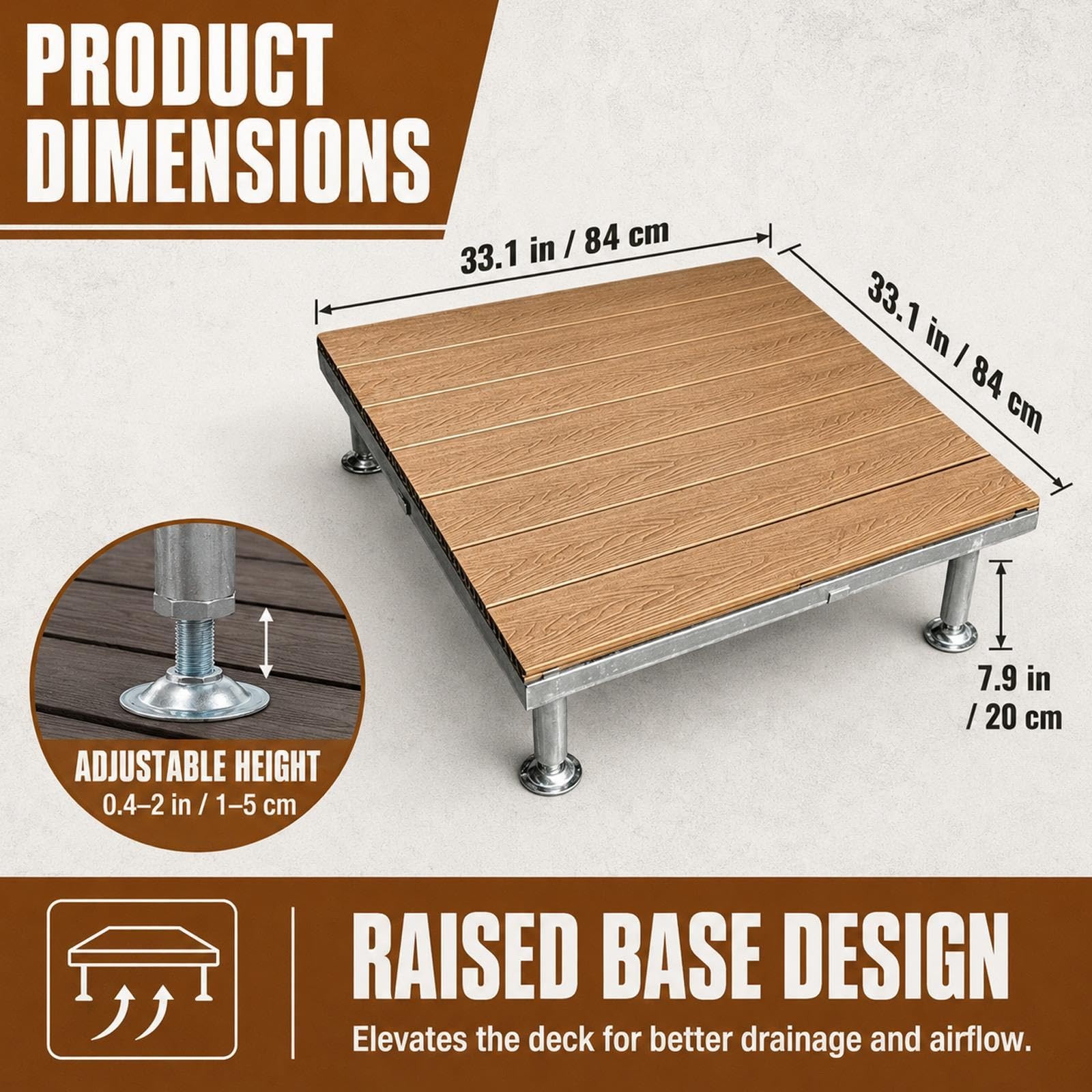 Piattaforma Rialzata In WPC Con Piastrelle In Composito Impermeabile | Modulare regolabile ad incastro per esterni, Pavimentazione per giardino, patio, prato(Light brown)