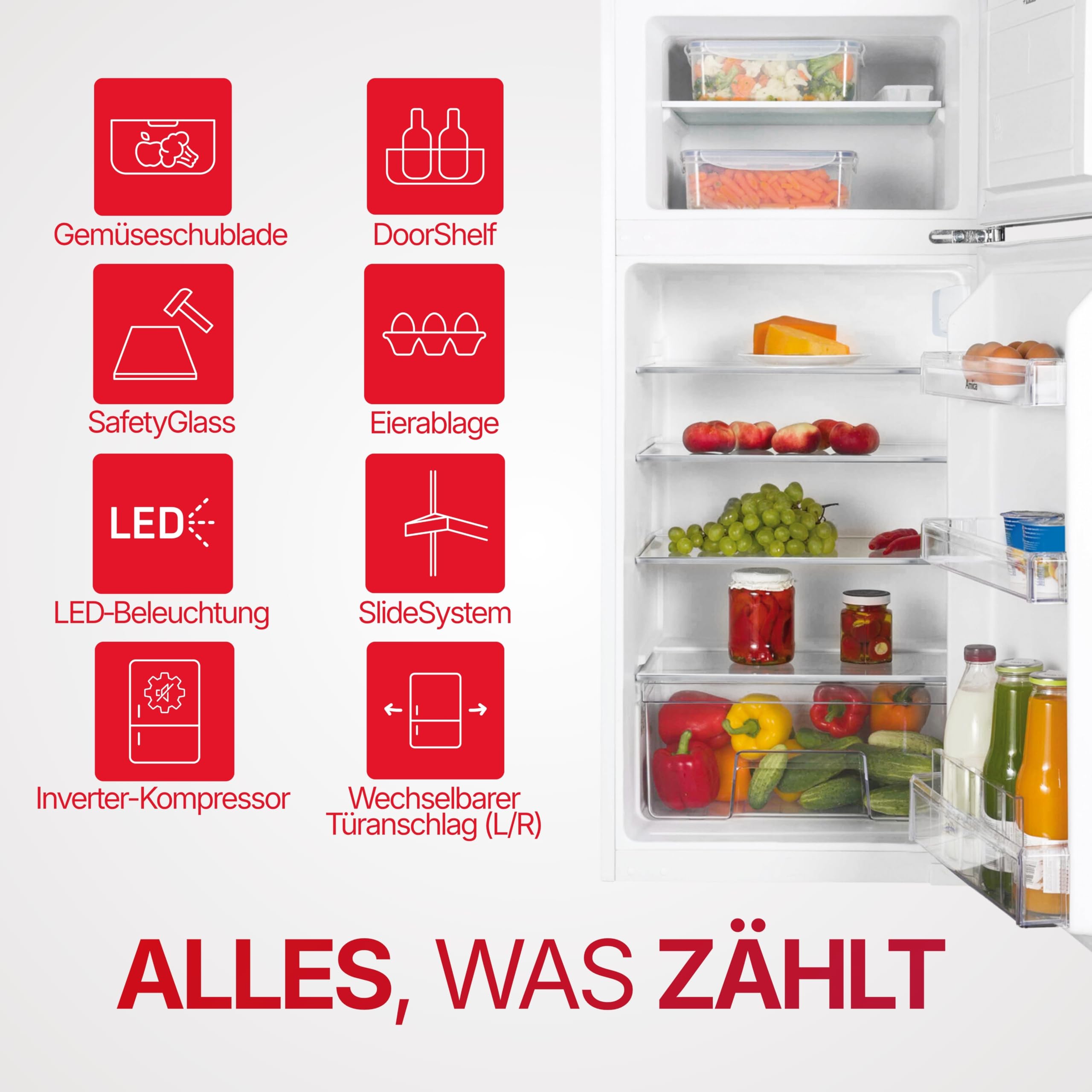 Amica Einbau Kühl Gefrierkombination Doppeltür mit Gefrierfach oben für 122 cm Nische, Schlepptür-Technik, Inverter Kompressor, elektronische Steuerung, Tür-Offen-Alarm