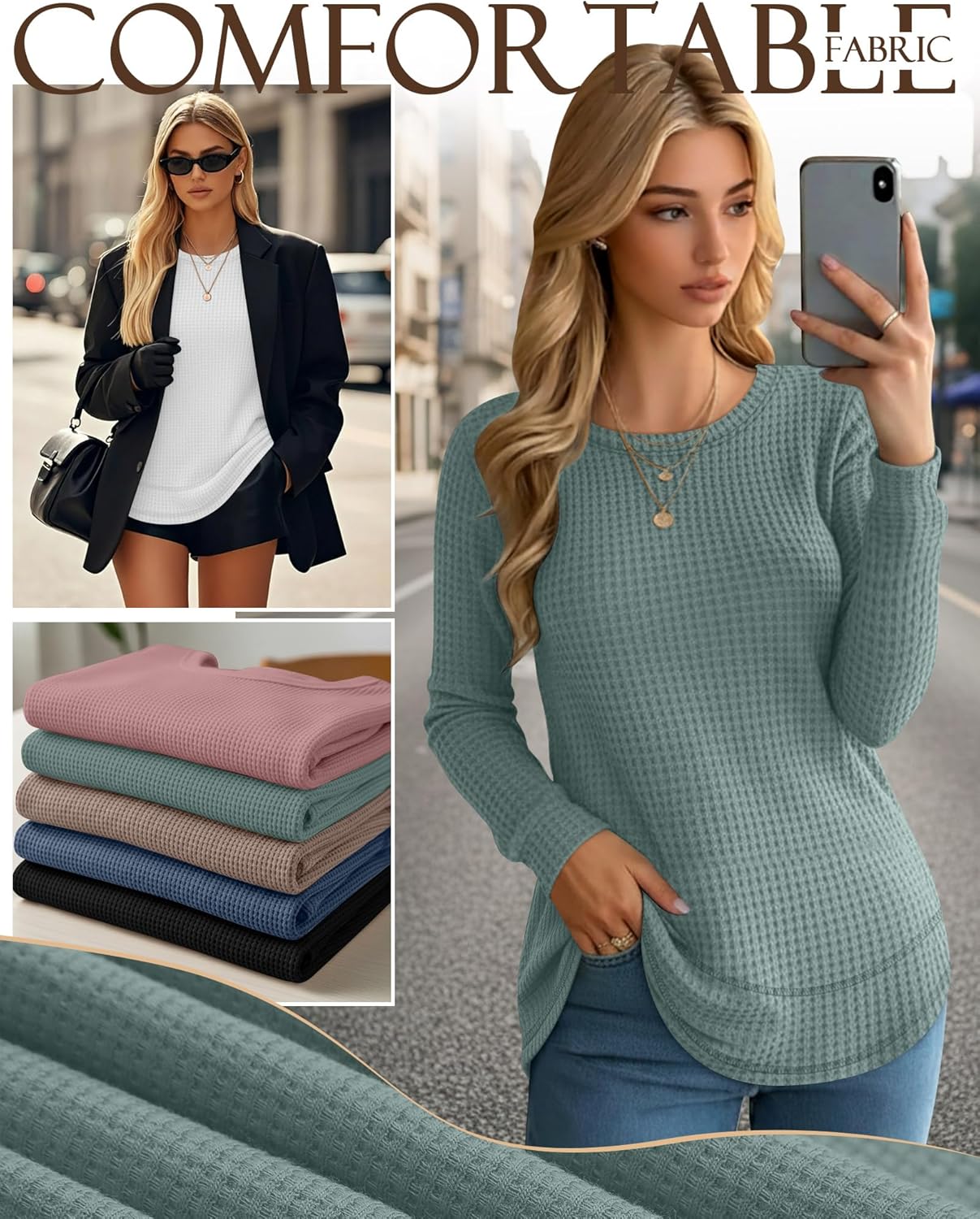 3 Pack Women's Waffle Knit Sweatshirts Crew Neck Long Sleeve Tops Casual Loose Fit Pullover Tees Curved Hem Shirts - Image 2