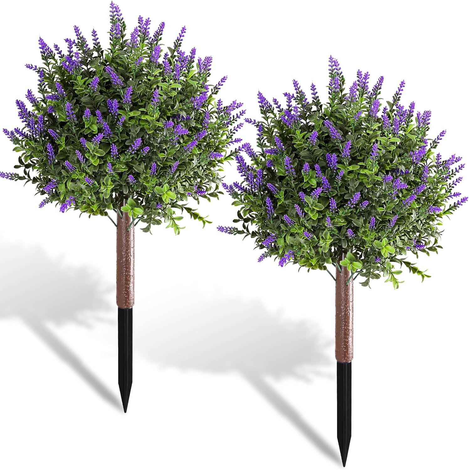 2 Pack Artificial Lavender with Boxwood Topiary Ball，23.6" UV Resistant Artificial Shrubs，with Ground Spikes, Indoor and Outdoor Fake Evergreen Tree for Porch, Garden, Front Door Decoration