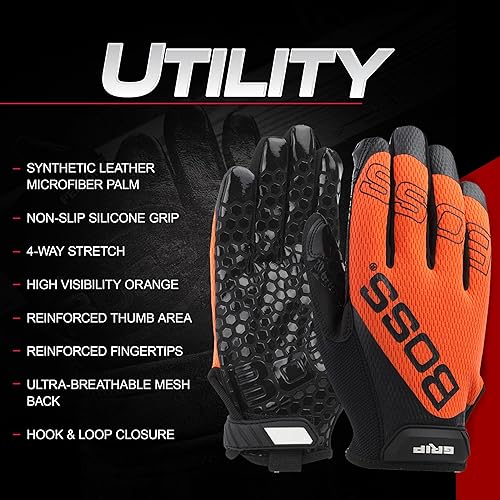 Miniatura 2 de Boss - Guantes de trabajo de seguridad de microfibra sintética de alta visibilidad con agarre de silicona, espalda de malla, agarre antideslizante,