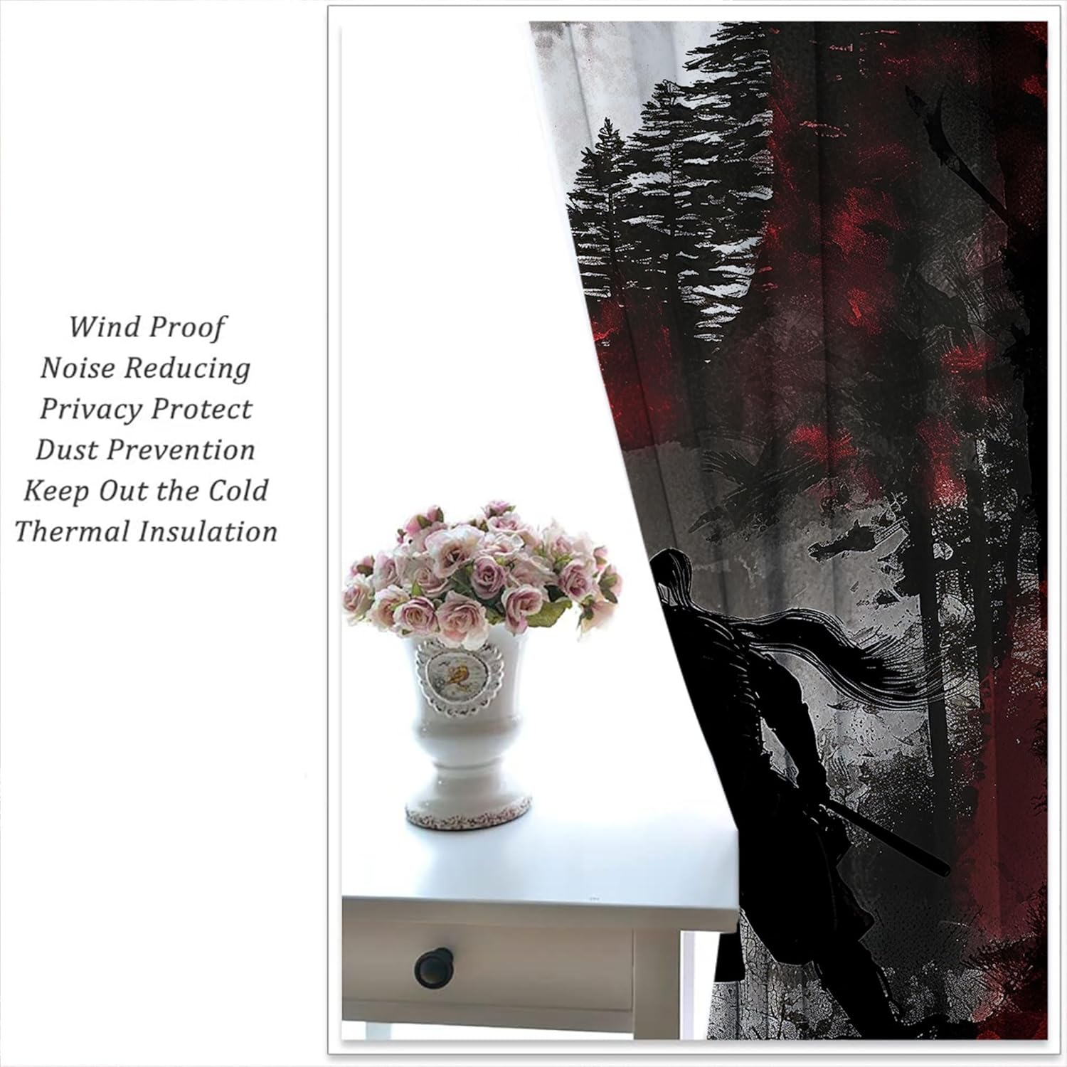 Japanese Samurai Blackout Curtains for Boys Girl Bedroom Decor,Asia Retro Anime Forest Moon Thermal Insulated Rod Pocket Drapes Darkening Window Curtain for Living Room Home 42x45 inch