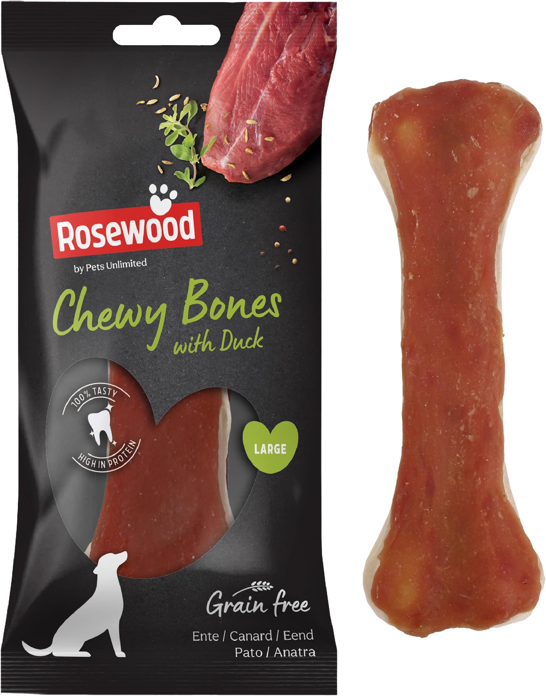 Rosewood Large Chewy Bones for Dogs - Made with Duck, Grain Free Chews, High Protein Dog Treats, By Pets Unlimited (1pc, 90g)