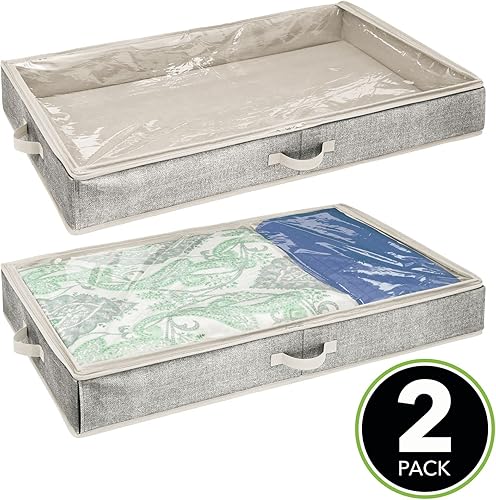 Miniatura 2 de mDesign Bolsa organizadora de tela suave debajo de la cama para ropa, accesorios, lino, panel superior de fácil visión, tapa con cremallera de 2