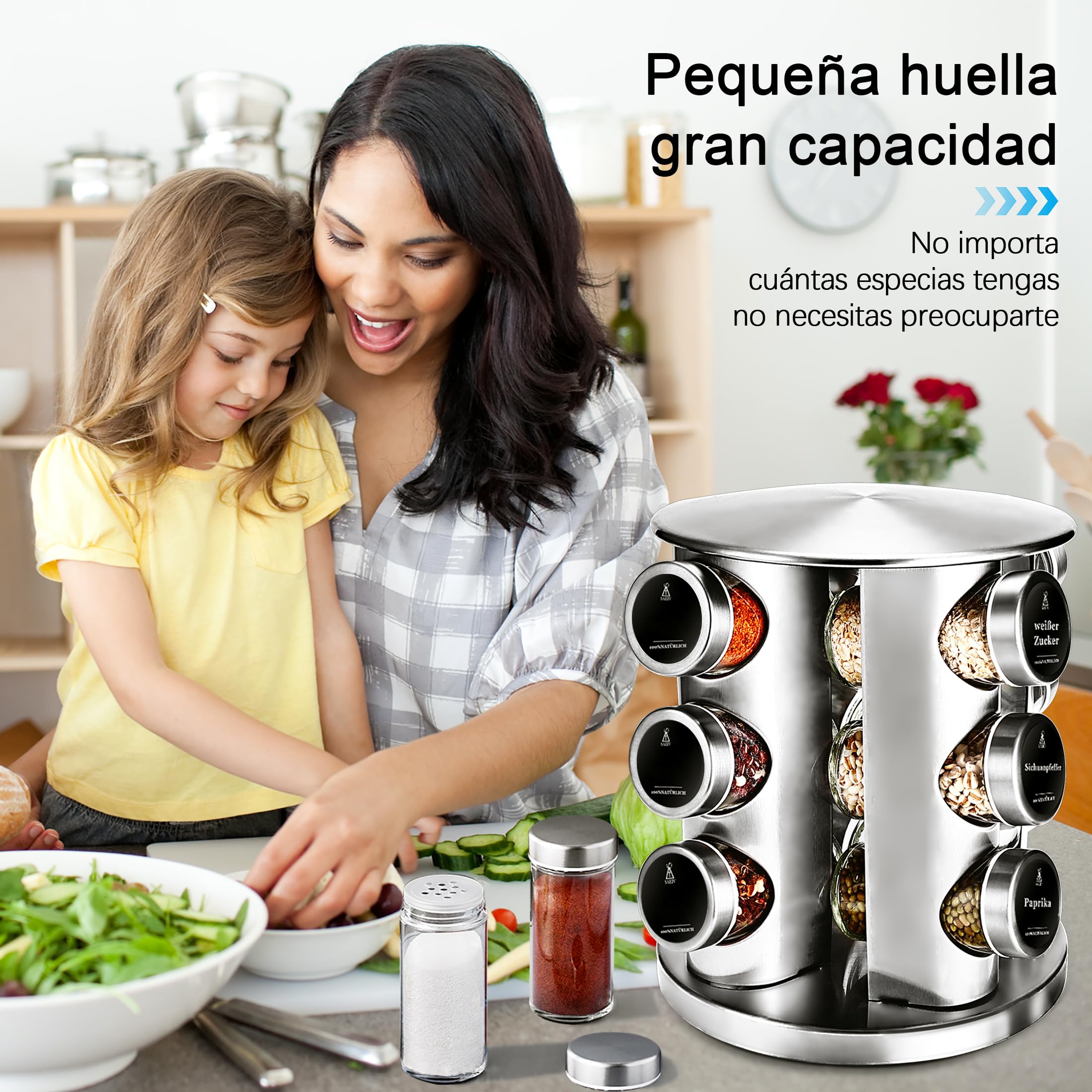 Estante giratorio para especias de 360° con 12 tarros de cristal (100 ml), organizador de especias con tapas de acero inoxidable, soporte giratorio para especias para encimeras y cajones de cocina