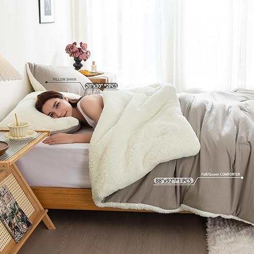 Miniatura 2 de COTTEBED Juego de edredón reversible de sherpa tamaño Queen, ligero pero cálido, suave, desgastado para ropa de cama de tamaño matrimonial, 3