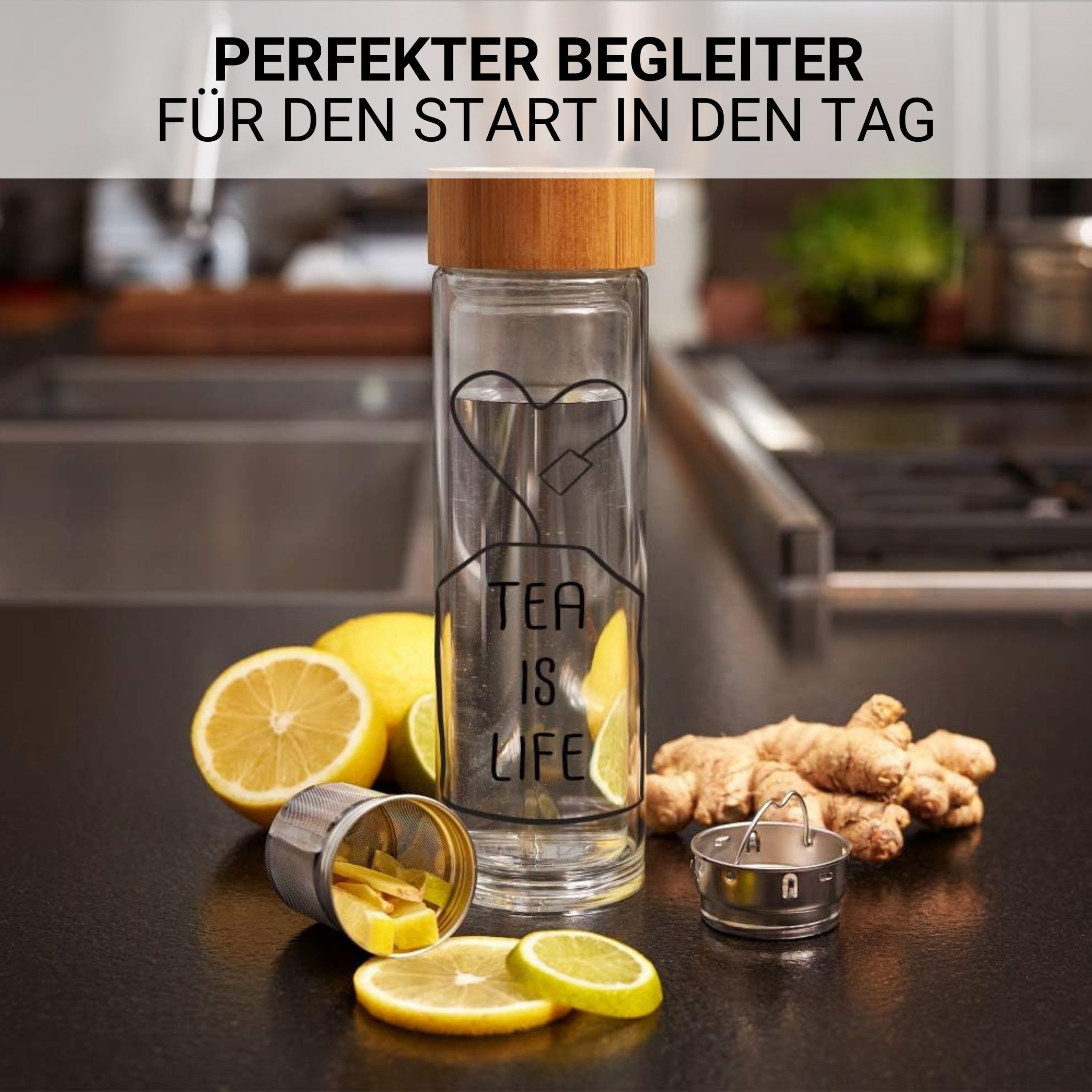 Teeflasche mit Sieb To Go 450ml mit Bambusdeckel - Glasflasche Isolierflasche doppelwandig - Perfekter Teeaufbereiter To Go - 100% BPA FREI (Tea