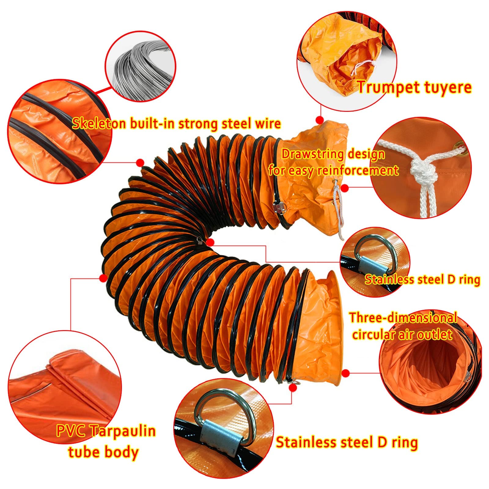 Tubo flessibile in PVC con corda regolabile e anello a D, tubo flessibile pieghevole portatile per riscaldamento HVAC ventilazione raffreddamento