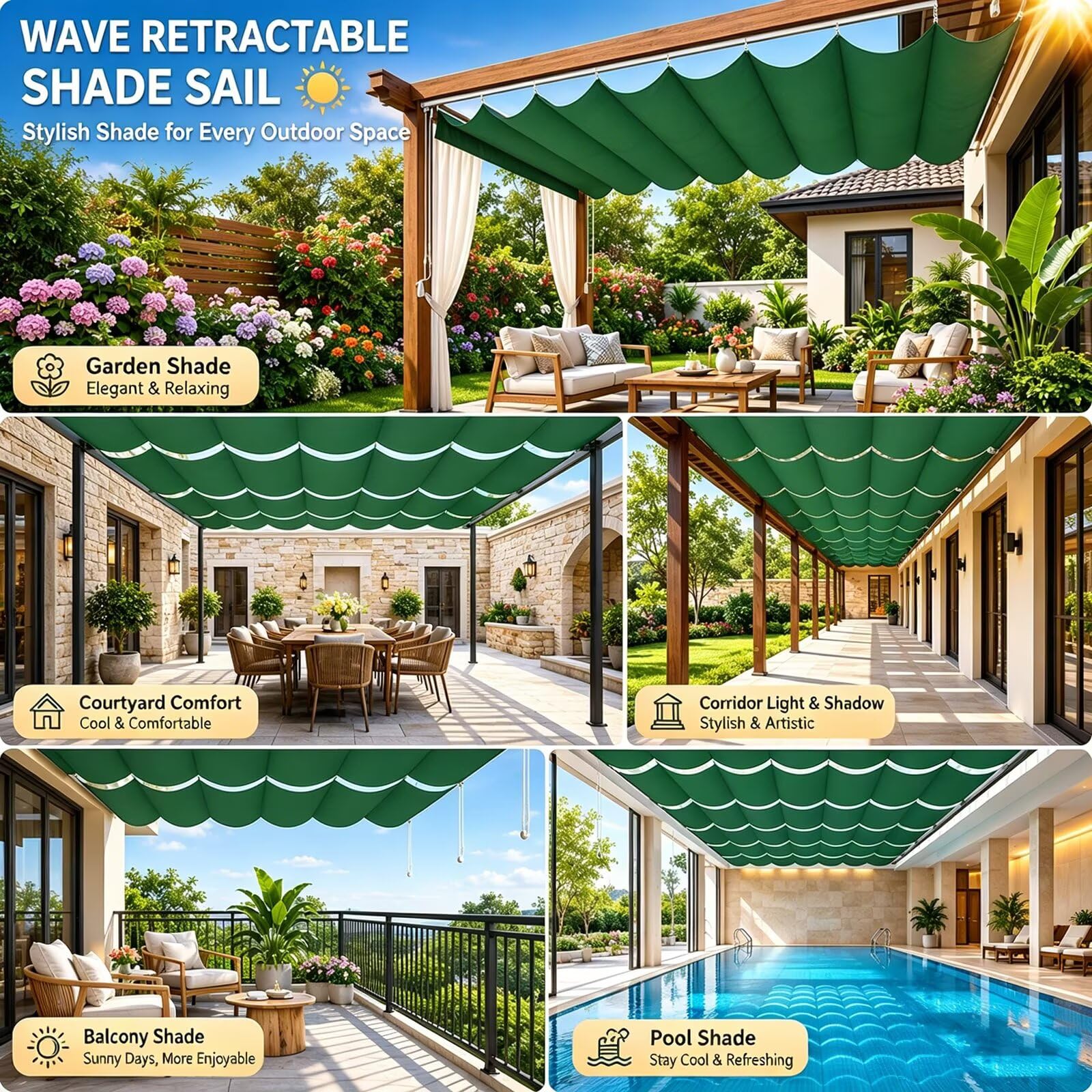 Generic Wintergarten Beschattung XL 200x800cm Innen Seilspannmarkise Ausziehbar Wellenform,232g/m² Wasserdicht Oxford Sonnensegel,Premium Hitzeschutz für Großes Glasdach Grün