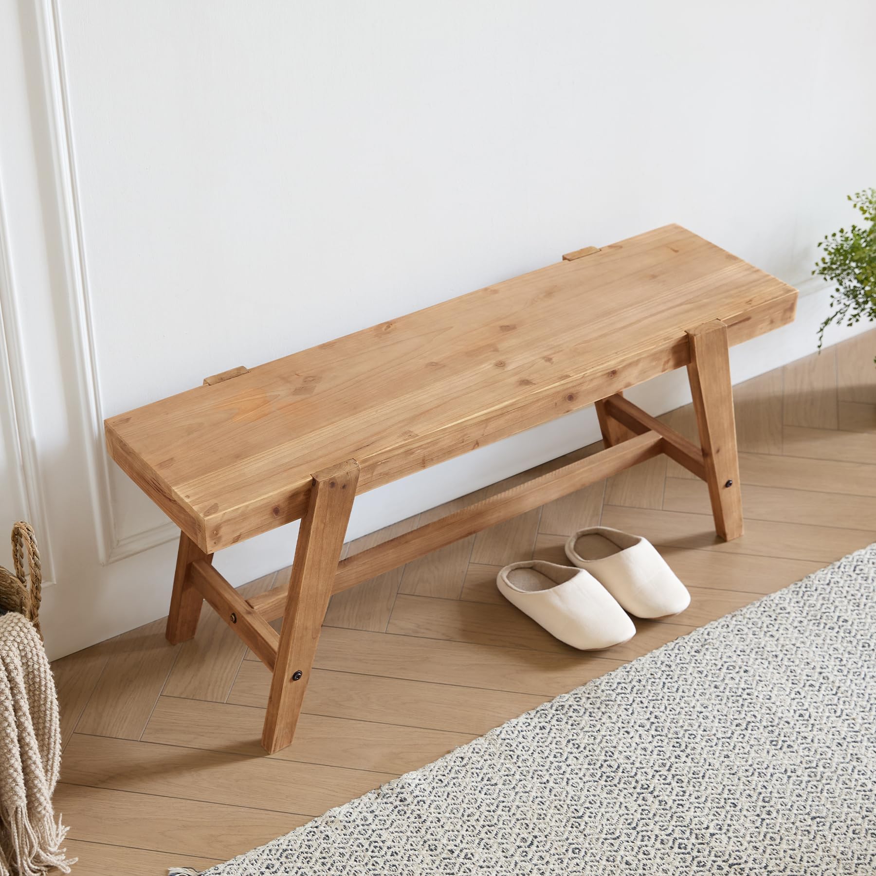 Farmhouse Solid Wood Entryway Bench – 43.4 Inches Rustic Long Bench, Dining Bench with Angled Legs, Hand-Finished Natural Grain, for Foyer, Hallway, Bedroom