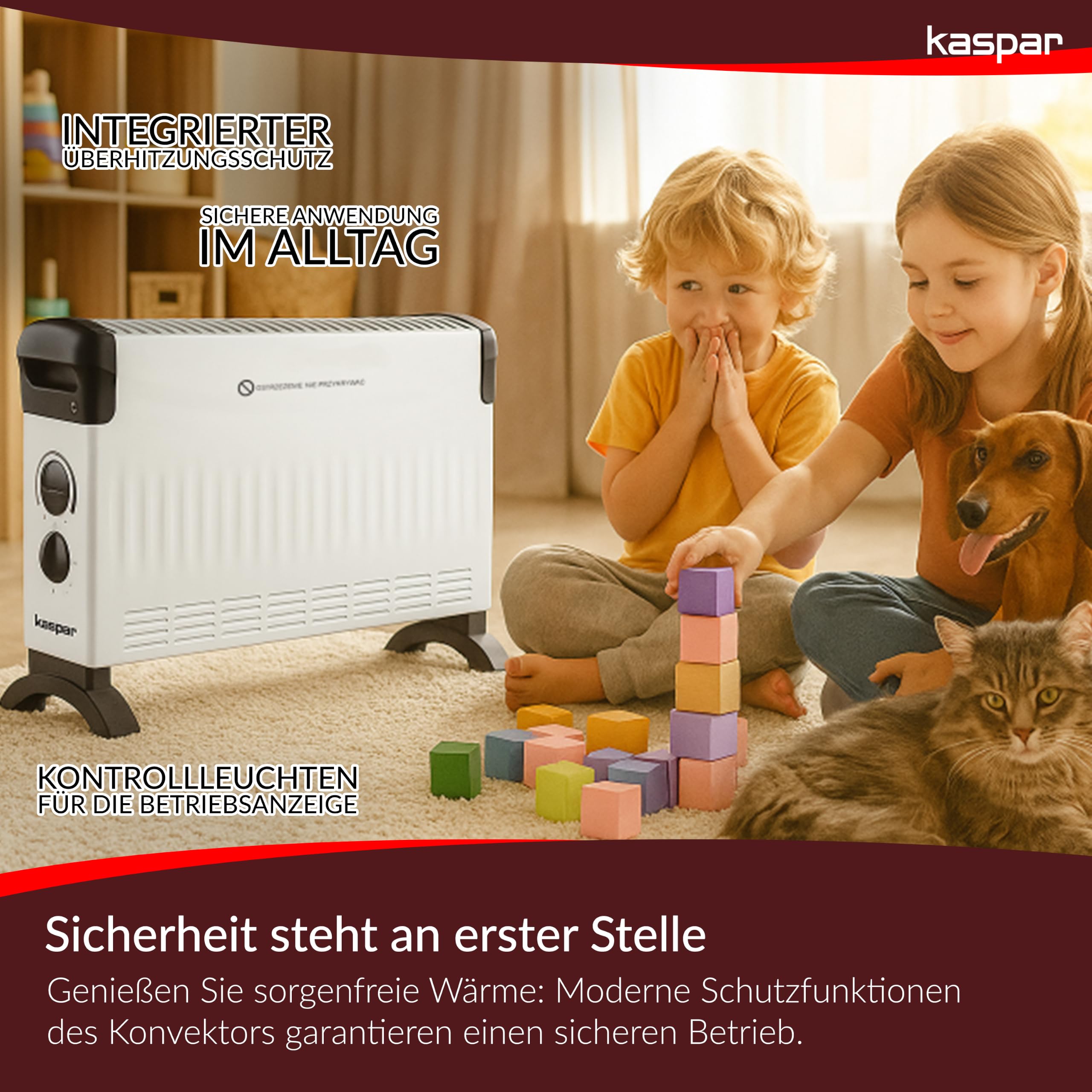 KASPAR Convector Dispositivo de calefacción, radiador con termostato y 3 modos de calor, 750, 1250, 2000 W, calefacción eléctrica, blanco