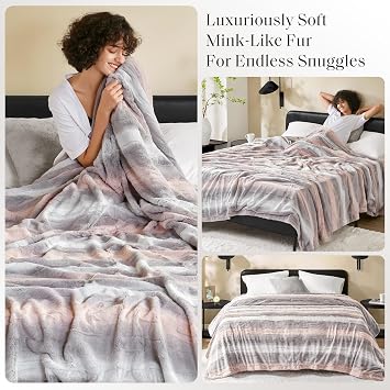 Madison Park Ultra-Soft Poly Fur Blanket, Reversible Plush, All Season & Lightweight Fuzzy Blanket for Bed, Couch & Sofa, Zuri, Twin/Twin XL Blush/Grey
