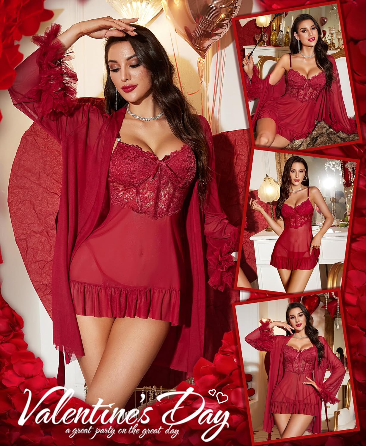 RSLOVE Lingerie Sets for Women Sexy - 2 Piece Babydoll & Lace Kimono Robe Set Strap Chemise Sleepwear Mesh Nightgown Ruffled - Image 4