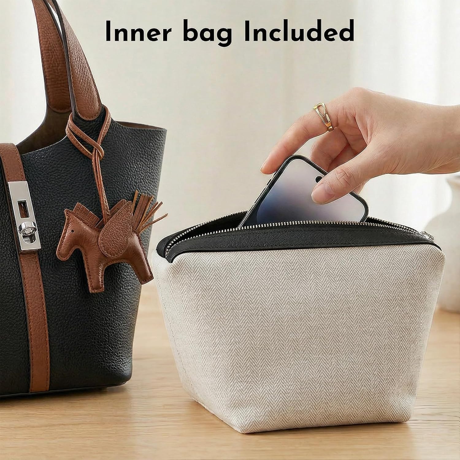 Tote Bag for Women Vegan Leather Bucket Purse for Women Top Handle Handbag Shoulder Bag with Detachable Small Purse