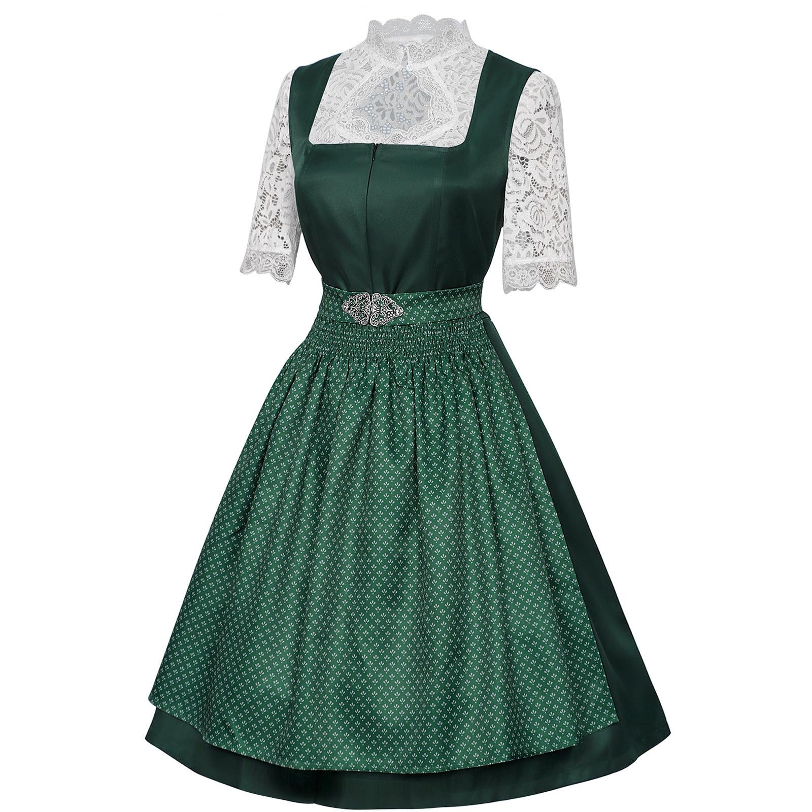 Dirndl Kleid Damen Oktoberfest Trachtenkleid Bayern Kostüm Kurzarm Spitze Oberteil Karree Ausschnitt Tailliert Vintage Midi Kleid mit Schürzen Optik Festliches Trachtenkleid Bierfest Party Outfit