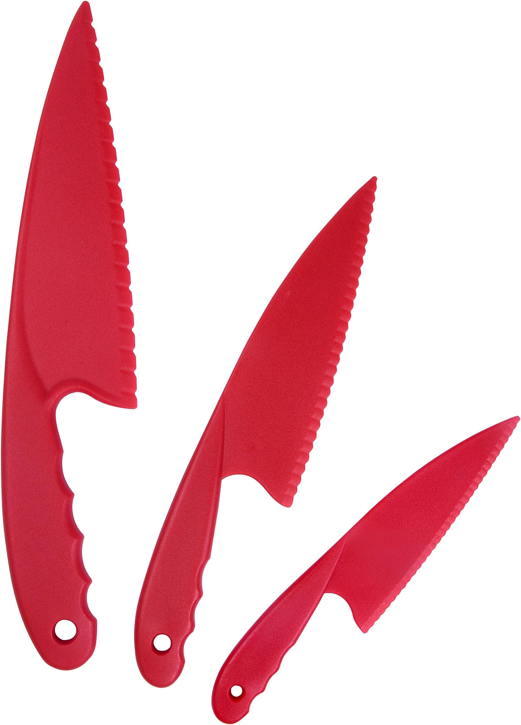 Plastic Kitchen Knife Set 3 Pieces Red for Kids, Safe Nylon Cooking Knives for Children, for Lettuce or Salads