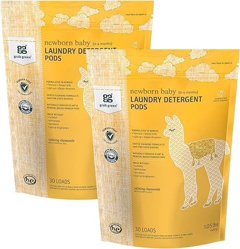 Grab Green Cápsulas de detergente para ropa de bebé recién nacido, 60 cargas, manzanilla, base mineral, no tóxico, removedor de manchas