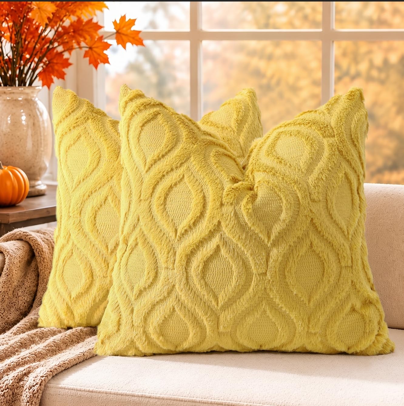 decorUhome Faux Fur Mustard Yellow Throw Pillow Covers 22x22 Set of 2