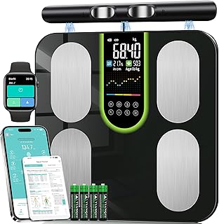 Körperfettwaage Personenwaage Digital 8-Elektroden Bluetooth App Smart Körperanalysewaage, 58 Körperdaten Fett, Muskel, Protein, BMI, BMR, Großes Display, Gehärtetes Glas, 180kg/400lbs, 24 Benutzer