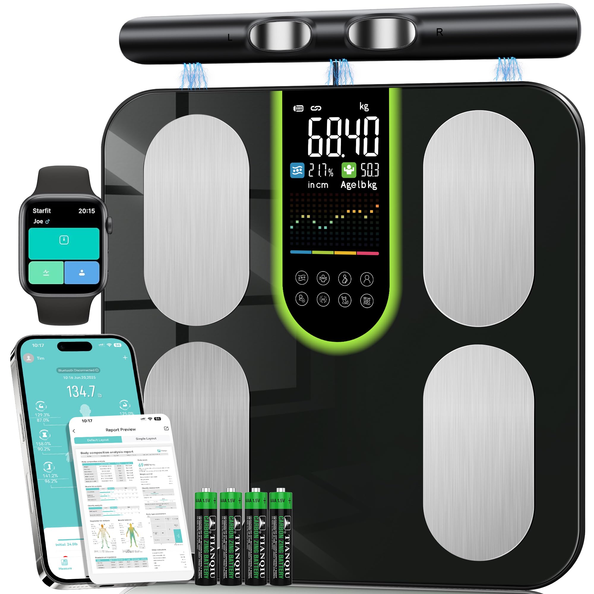 Körperfettwaage Personenwaage Digital 8-Elektroden Bluetooth App Smart Körperanalysewaage, 58 Körperdaten Fett, Muskel, Protein, BMI, BMR, Großes Display, Gehärtetes Glas, 180kg/400lbs, 24 Benutzer