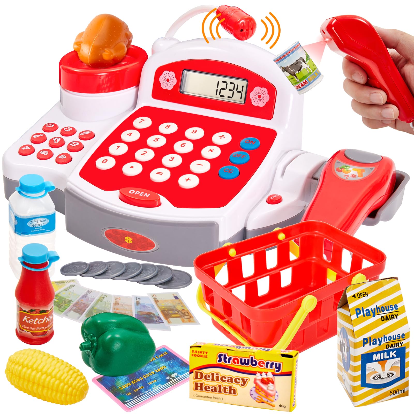 BUYGER Grande Caja Registradora Juguetes con Electrónica Calculadora Escáner Micrófono Supermercado Alimentos Tienda de Juguetes Regalos Educativos