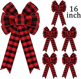 WILLBOND 6 Pieces 9 x 16 Inches Buffalo Plaid Bow Christmas Plaid Ribbon Bows Buffalo Check Bows for Halloween Thanksgiving and Christmas Tree Crafts DIY Bow Decoration (Red,Black)