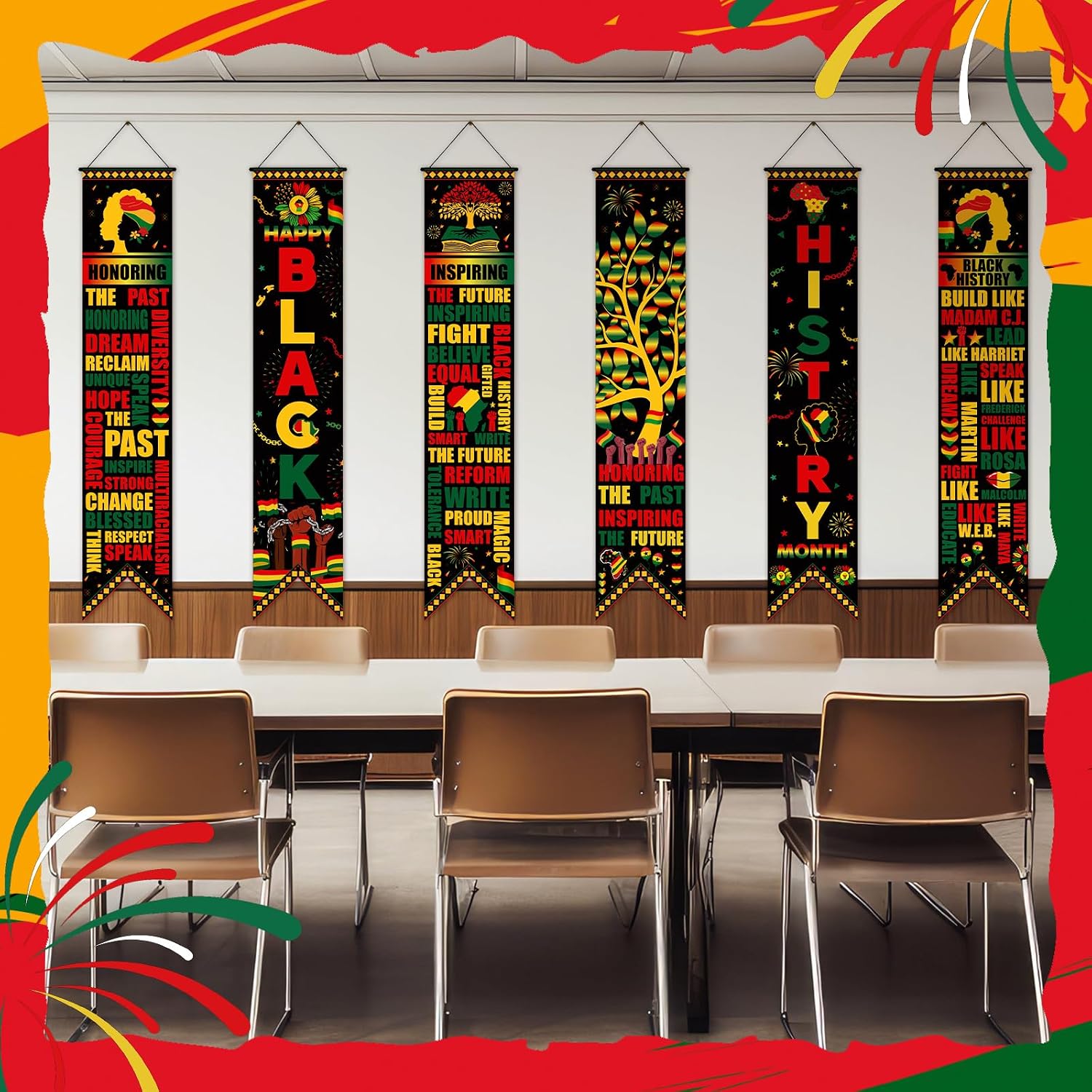 Hahafelt 6 Pcs Black History Month Decorations Banner 61 Inch Black History Month Bulletin Board Banner Kente African American MLK Day Porch Door Hanging Decor for Wall Classroom Office Party Supplies