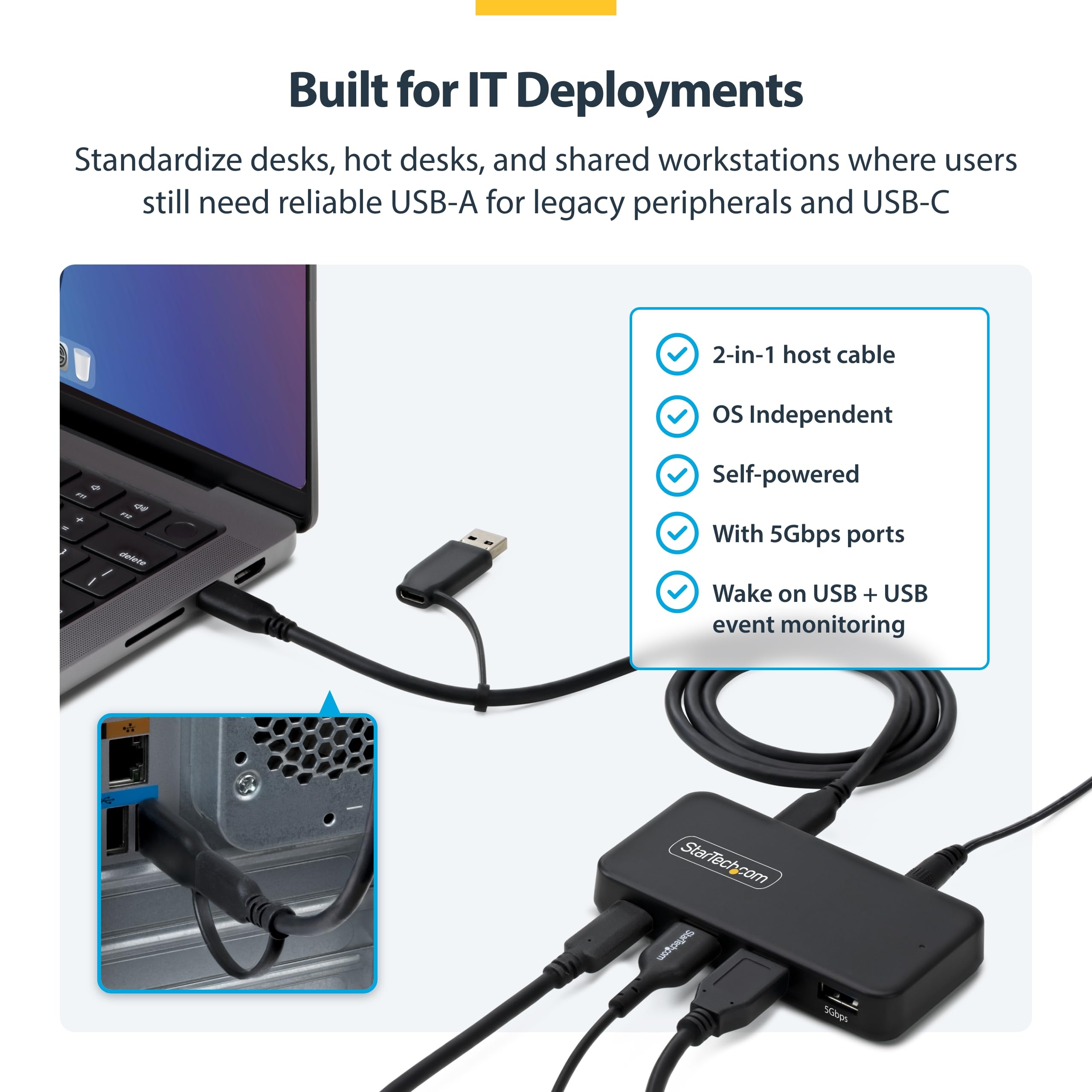 StarTech Hub USB-C/USB-A 4 Porte 5Gbps, 36W, Autoalimentato (311UE-USB-HUB) | Cavo Host USB-C/USB-A, 1x USB-C e 3x USB-A, 1x BC 1.2