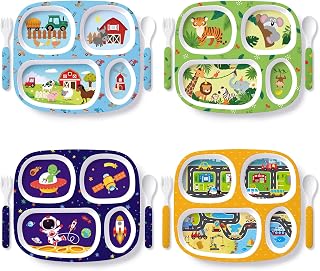 Jinei 4 Set Farm Melamine Dinner Plate for Kids with Fork Spoon for Boys | Farm Jungle Space and City Divided Melamine Plates for Boys Toddlers BPA Free Dishwasher Safe 12 Piece