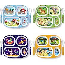 Jinei 4 Set Farm Melamine Dinner Plate for Kids with Fork Spoon for Boys