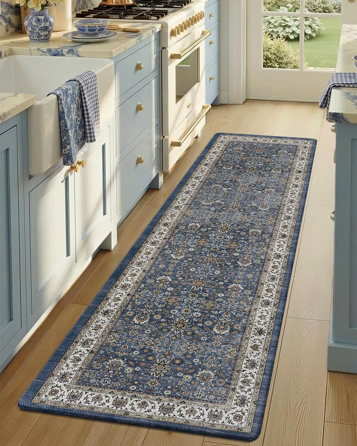 Color&Geometry Anti Fatigue Kitchen Mats for Floor 24x87, Vintage Decor, Easy Clean, Waterproof & Oil Proof, 0.4" Thick Cushioned, Non-Slip Kitchen Runner Rug for Sink, Laundry, Office, Blue