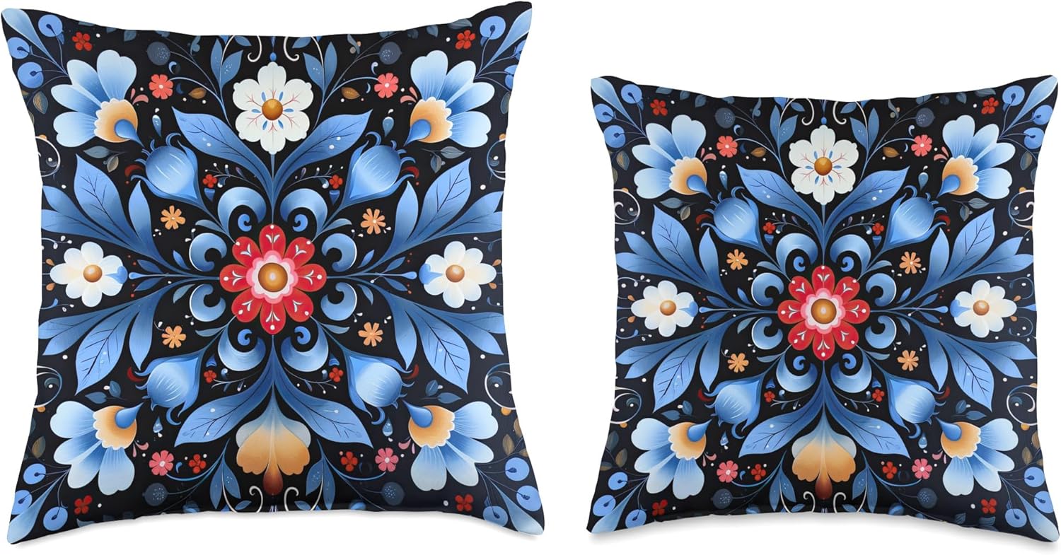 Blue Traditional Norwegian Rosemaling Folk Art Throw Pillow