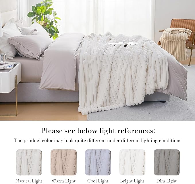 Amélie Home Faux Fur Throw Blanket for Couch, Cozy Fuzzy Fluffy Fur Luxurious Soft Striped Plush Gift Blankets for Family Sofa Chair Bed Living Room Bedroom, Ivory, 55 x 70 Inch