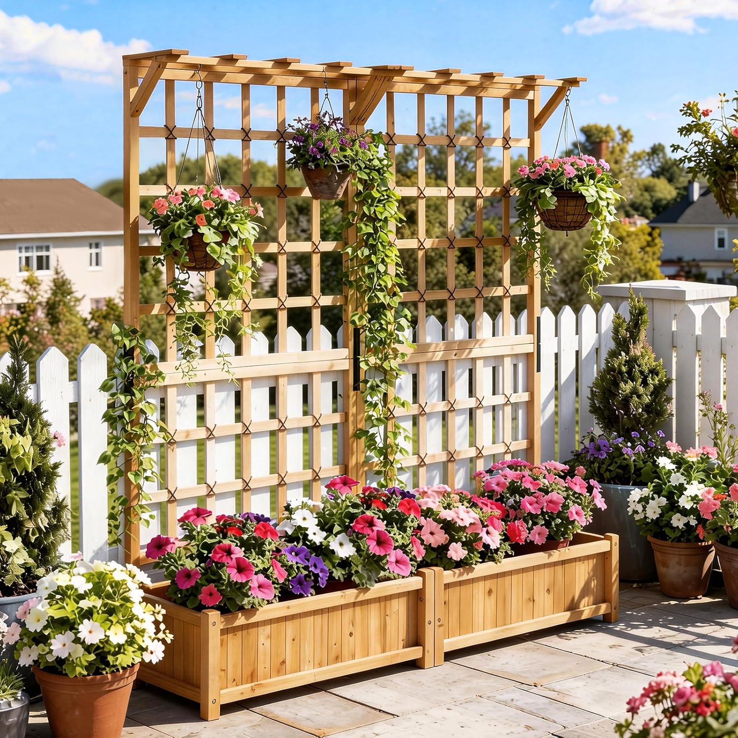 Aoxun 72" Raised Garden Bed with Trellis, Wood Planter Container with Hanging Roof & Garden Boxes for Climbing Plants Flowers Vine (2 piece)