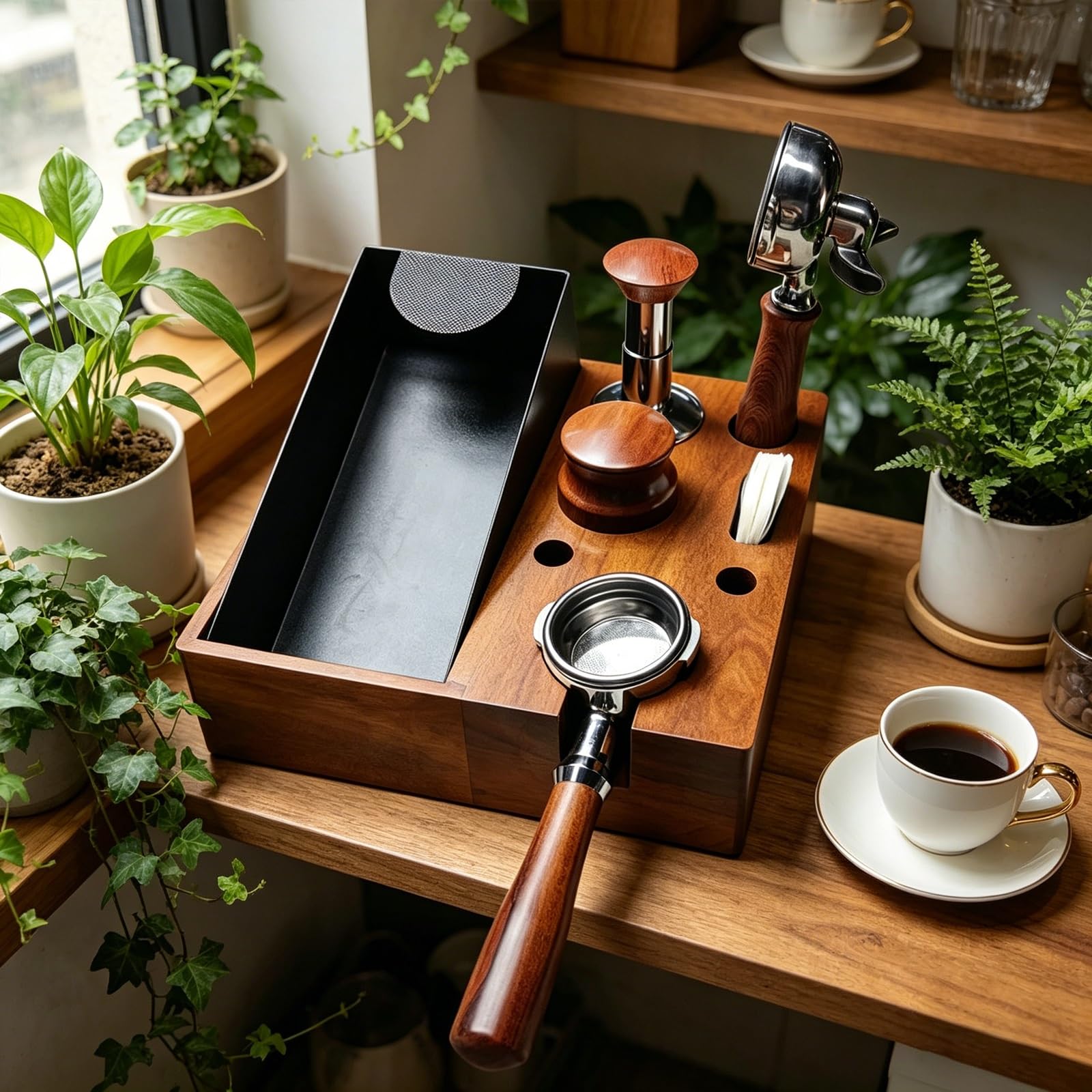 Knock Box - Stazione di pressatura del caffè in legno di noce, design ergonomico con base antiscivolo, scatola di compressione per manici da 51 mm, 53 mm e 58 mm, ideale per casa, ufficio e bar (53 mm