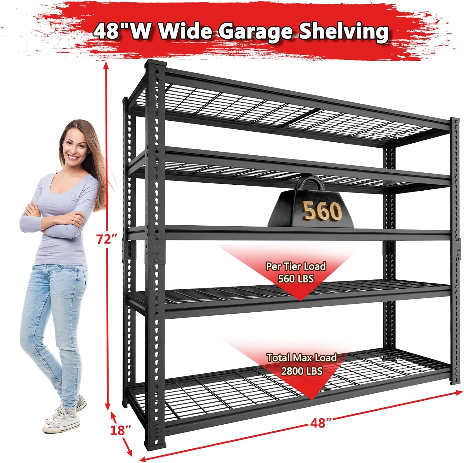Storage Shelves, Garage Shelving Heavy Duty 2800 LBS Capacity, 48"L x 18"W x 72"H Adjustable Metal Shelving Organizer Wire Rack, 5 Tier Utility Shelf Unit for Pantry Closet Warehouse Organization