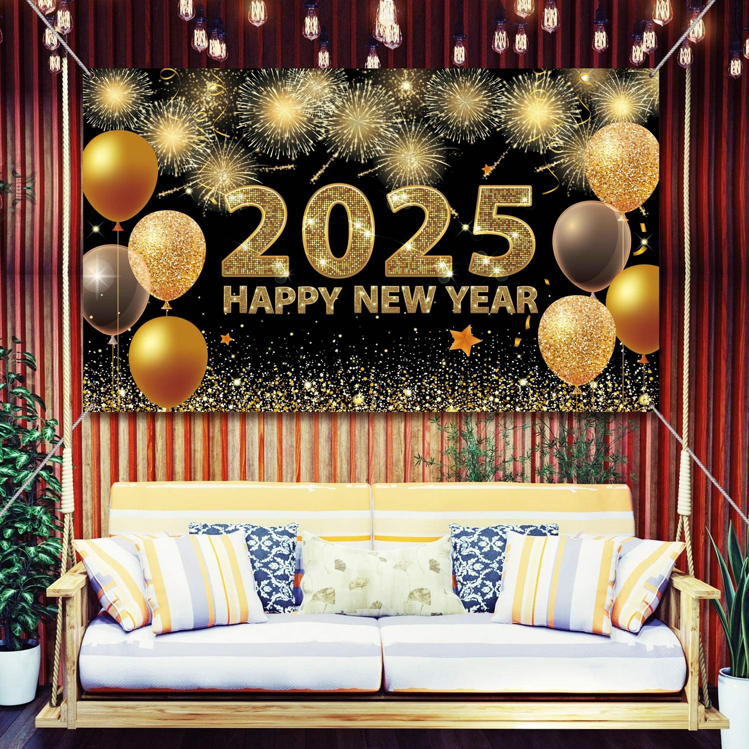 Happy New Year Banner 2025 - Extra Large 73x43 Inch Black and Gold Backdrop, New Years Eve Decorations and Party Supplies - Image 3