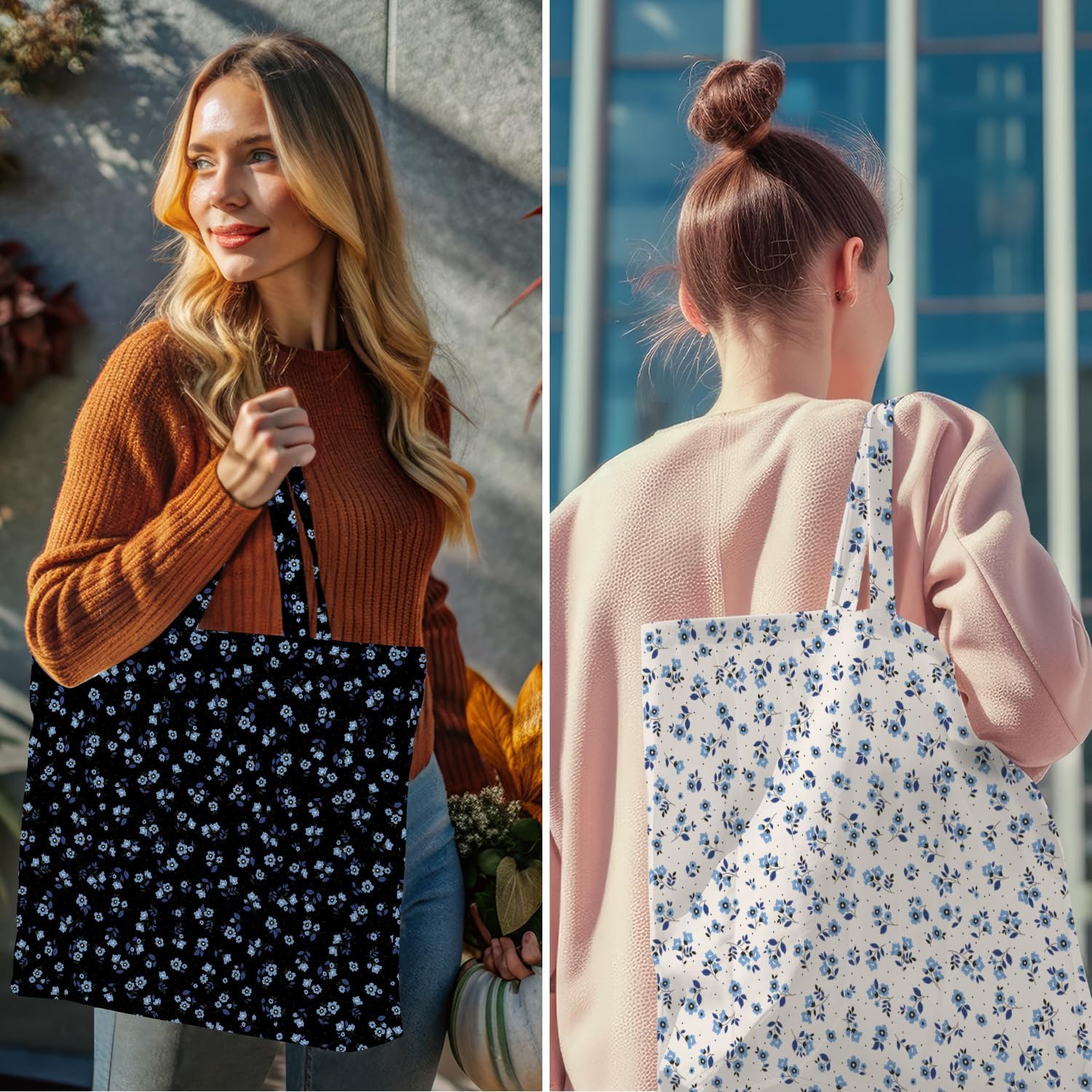 Decohim Multiple Packs Floral Japanese Print Canvas Tote Bag Reusable Grocery Bags Gifts for Women Girls Birthday Christmas - Image 5